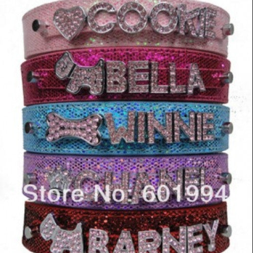 Customized Free Name Rhinestone Buckle Pink Letter - PU Leather Bling Personalized Dog Collar